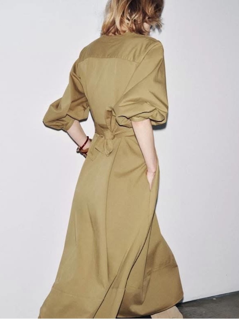 Zara Belted Midi Dress NWT Size M 96% Cotton Khaki Shirt Dress Boho Chic Pockets - Picture 2 of 13